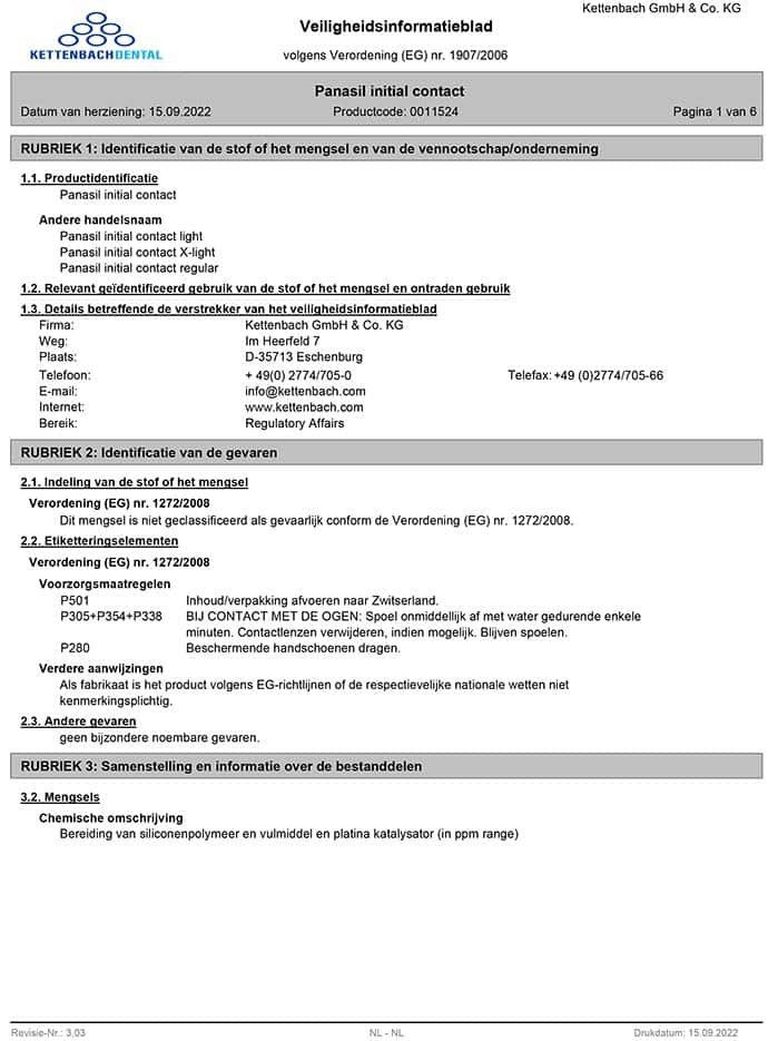Panasil initial contact Veiligheidsblad