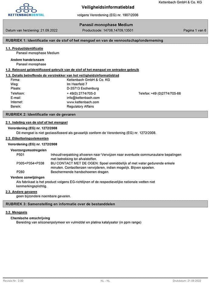 Panasil monophase Medium Veiligheidsblad