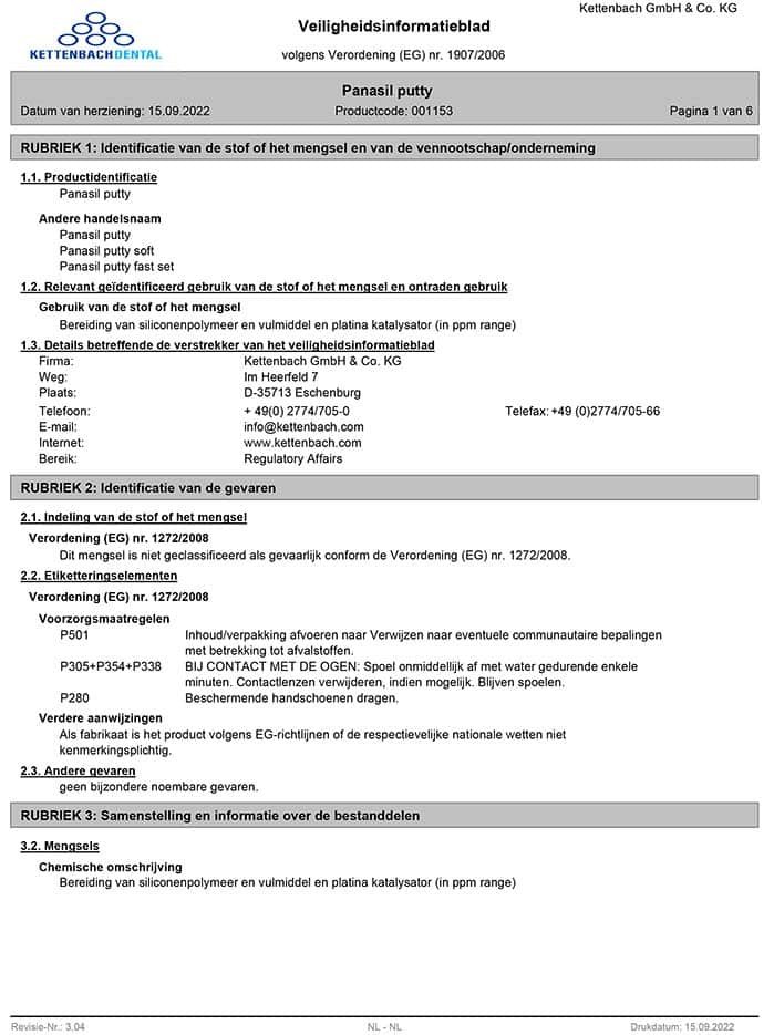 Panasil putty Veiligheidsblad
