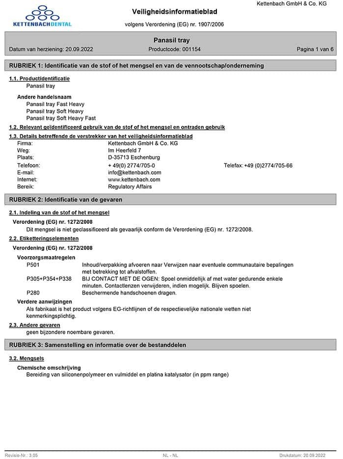 Panasil tray Veiligheidsblad