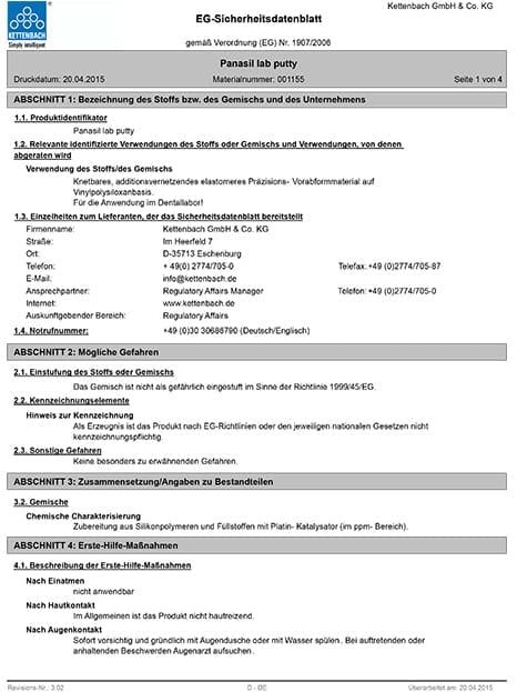 Panasil Lab Putty Veiligheidsblad