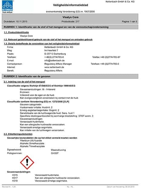 Visalys Core Veiligheidsblad