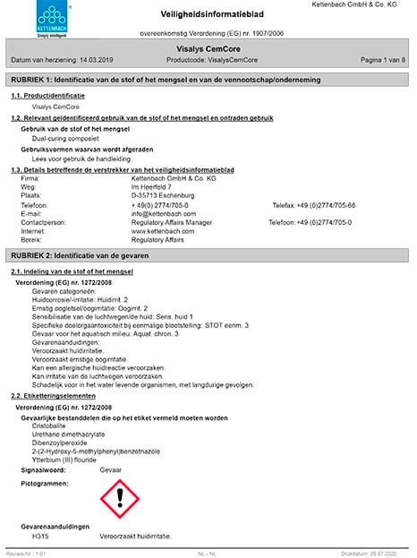 Visalys CemCore veiligheidsblad