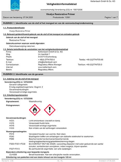 Visalys Restorative Primer veiligheidsblad