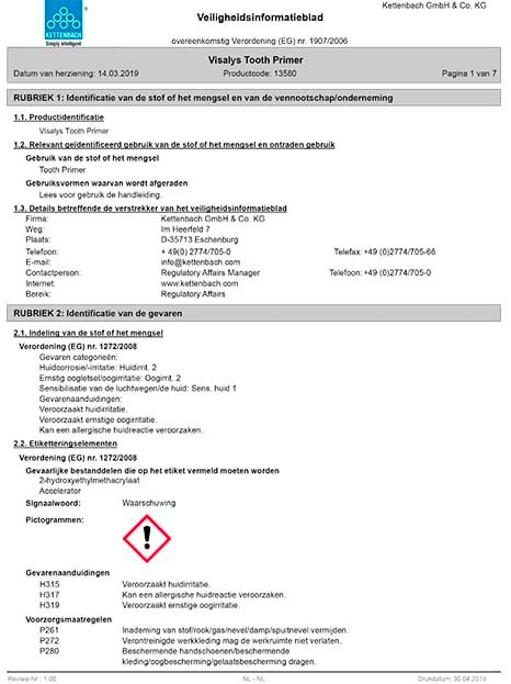 Visalys Tooth Primer veiligheidsblad